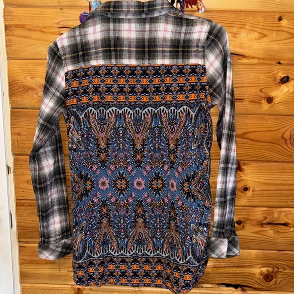 California Moonrise Button-Up Shirt Boho Printed Back Plaid Layering, Size M - Picture 3 of 11